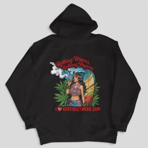 Rolling Waves, Rolling Papers Men's Black Pullover Hoodie – Premium Cotton Blend | Front Crest & Full Back Graphic