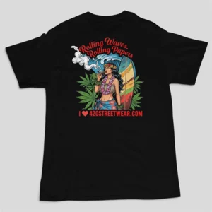 Rolling Waves, Rolling Papers Men's Black T-Shirt – Premium Gildan 100% Cotton | Front Crest & Full Back Graphic